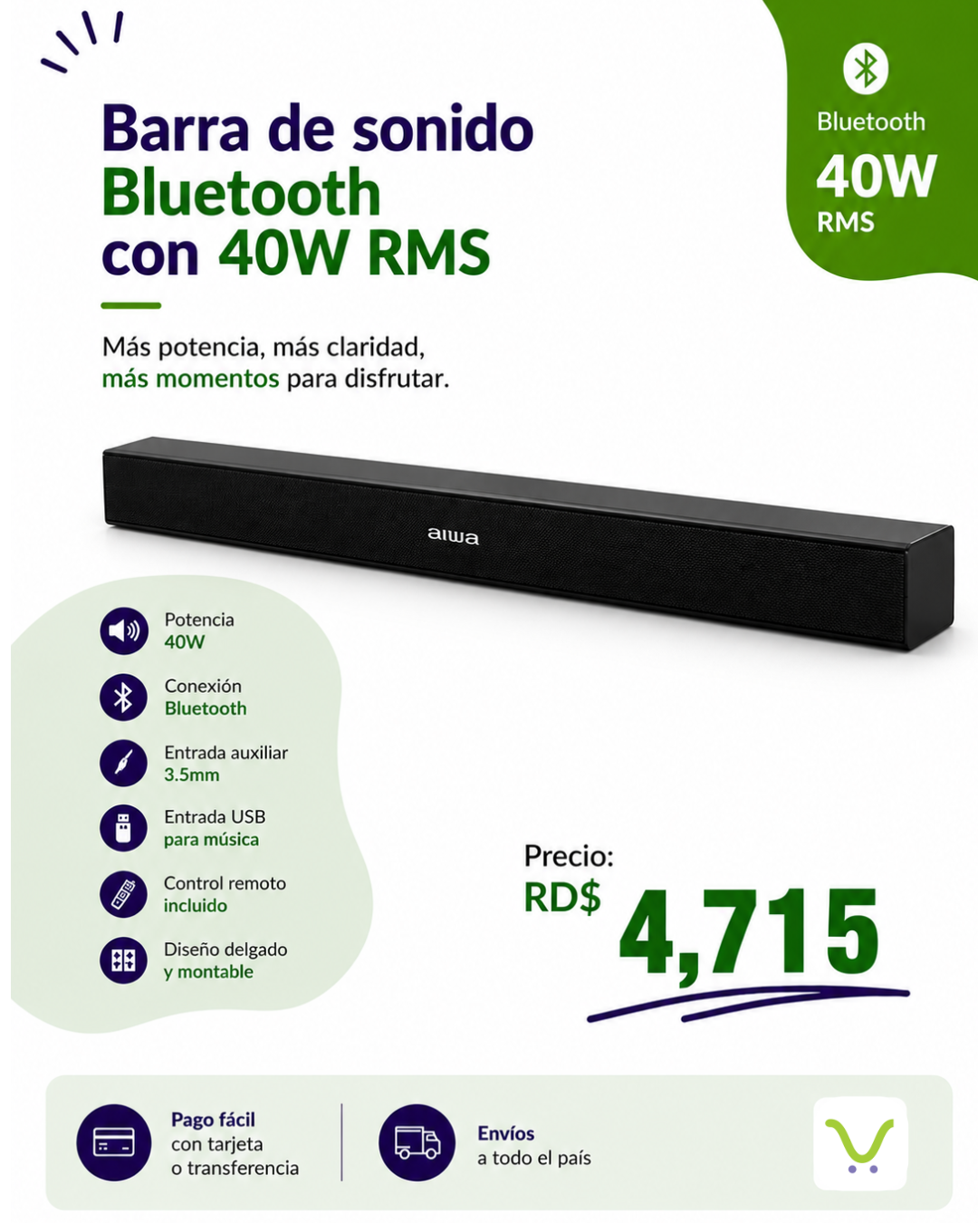 Barra de sonido Bluetooth con 40W RMS